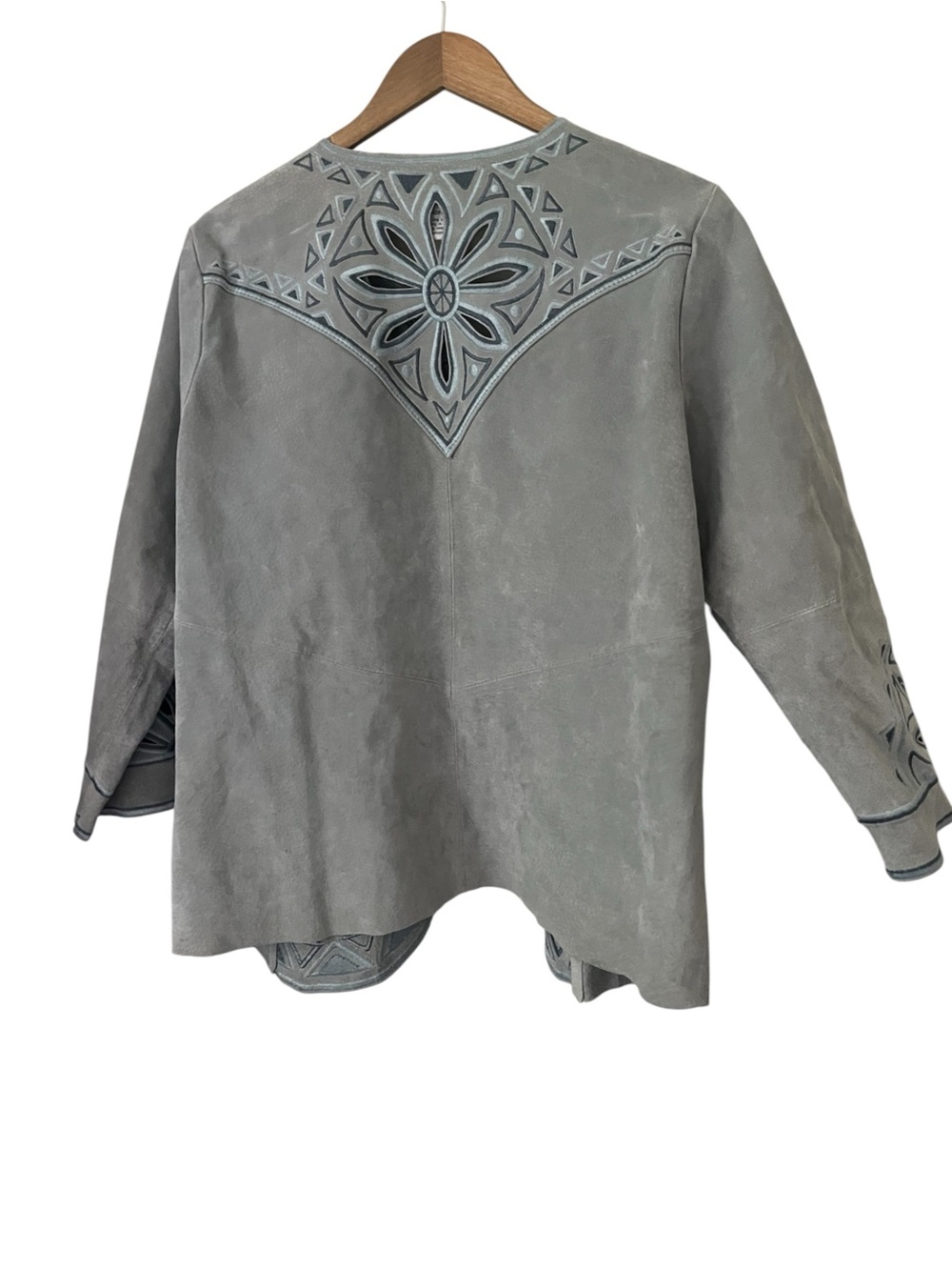 Bob Mackie Light Gray Suede Open Jacket with Laser-Cut Motif - Picture 2 of 3